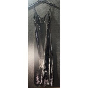 Delaru Vintage/Y2K Black Metallic Black/Silver Maxi Dress Ruffle Slit Size 11/12
